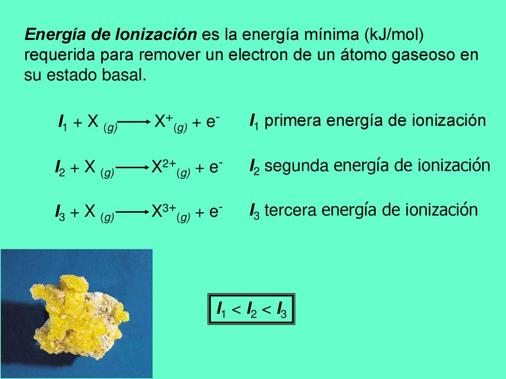 Energía de Ionización es la energía mínima (kJ/mol) requerida para remover un electron de un átomo gaseoso en su estado basal.