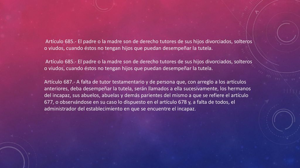 Artículo El padre o la madre son de derecho tutores de sus hijos divorciados, solteros o viudos, cuando éstos no tengan hijos que puedan desempeñar la tutela.