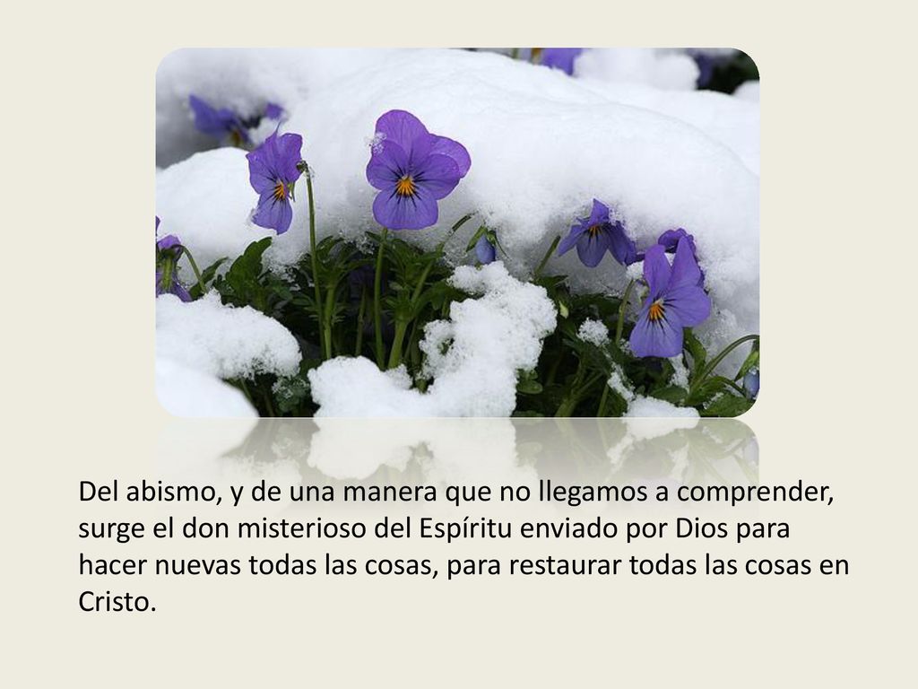Del abismo, y de una manera que no llegamos a comprender, surge el don misterioso del Espíritu enviado por Dios para hacer nuevas todas las cosas, para restaurar todas las cosas en Cristo.