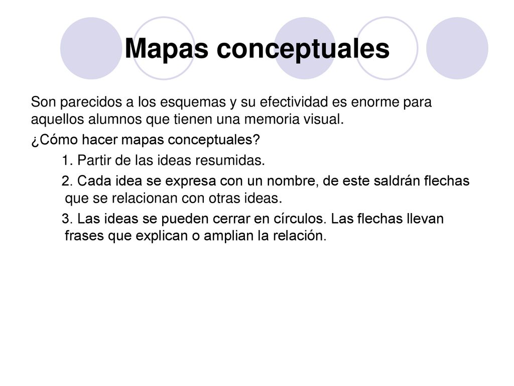 Mapas conceptuales Son parecidos a los esquemas y su efectividad es enorme para aquellos alumnos que tienen una memoria visual.