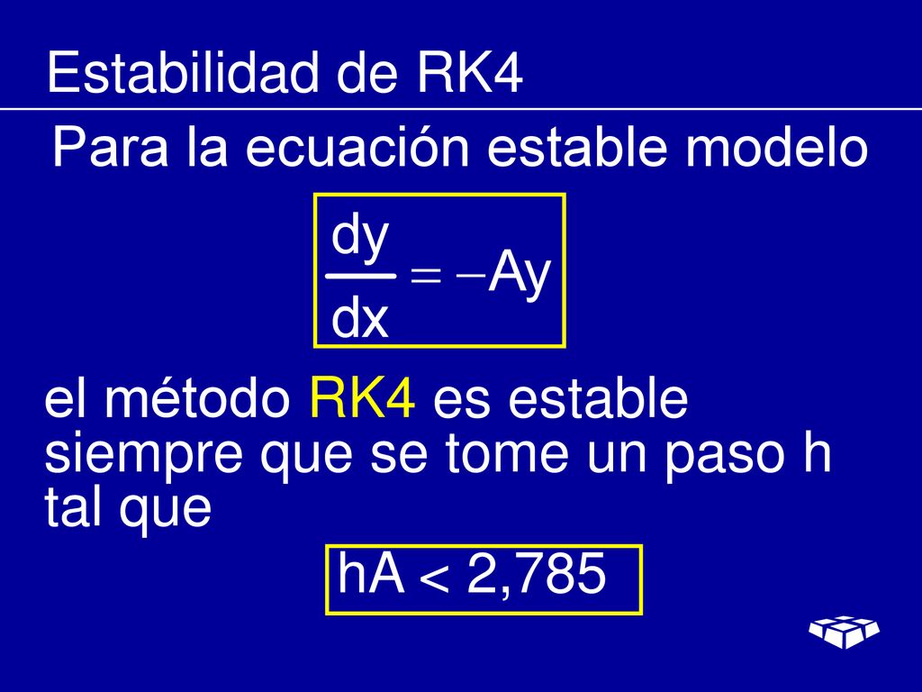 Estabilidad de RK4 Para la ecuación estable modelo. el método RK4 es estable siempre que se tome un paso h tal que.