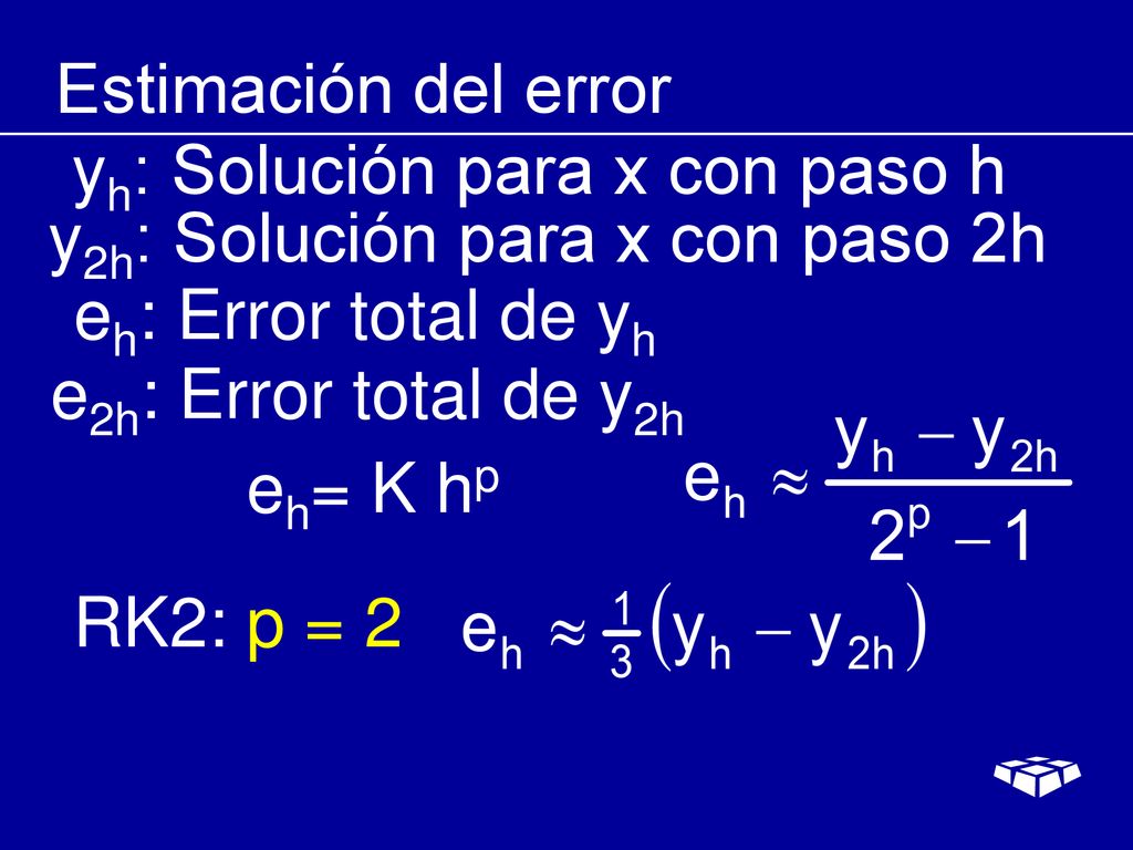 Estimación del error yh: Solución para x con paso h. y2h: Solución para x con paso 2h. eh: Error total de yh.