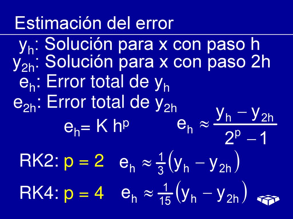 Estimación del error yh: Solución para x con paso h. y2h: Solución para x con paso 2h. eh: Error total de yh.