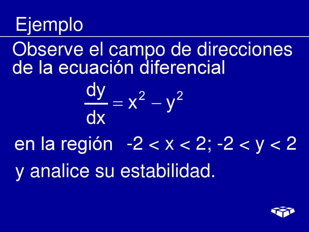 Ejemplo Observe el campo de direcciones de la ecuación diferencial. en la región. -2 < x < 2; -2 < y < 2.