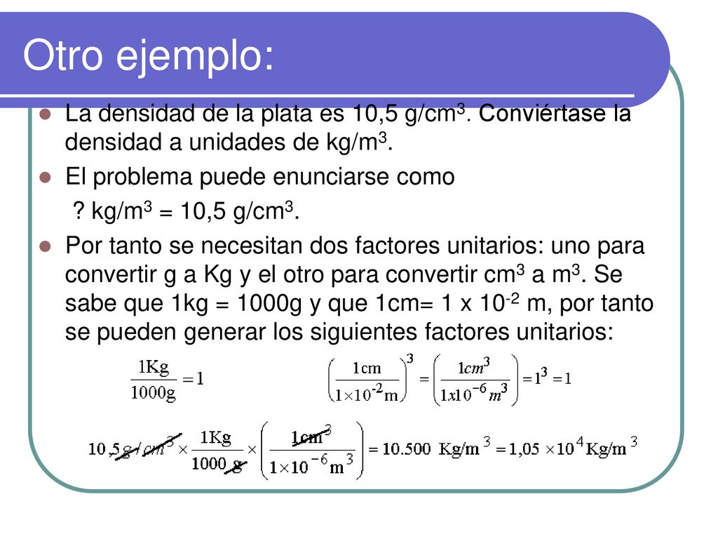 Otro ejemplo: La densidad de la plata es 10,5 g/cm3. Conviértase la densidad a unidades de kg/m3. El problema puede enunciarse como.