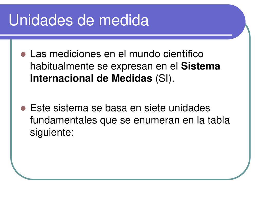 Unidades de medida Las mediciones en el mundo científico habitualmente se expresan en el Sistema Internacional de Medidas (SI).