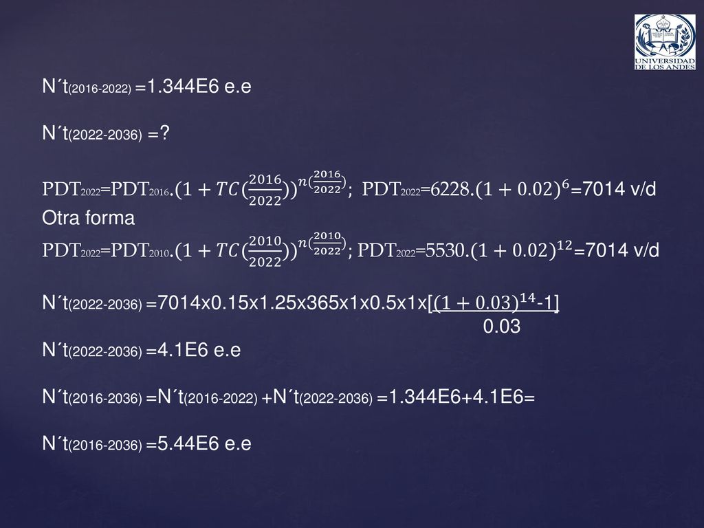 N´t( ) =1.344E6 e.e N´t( ) = PDT2022=PDT2016. (1+𝑇𝐶( )) 𝑛( ) ; PDT2022=6228. (1+0.02) 6 =7014 v/d.