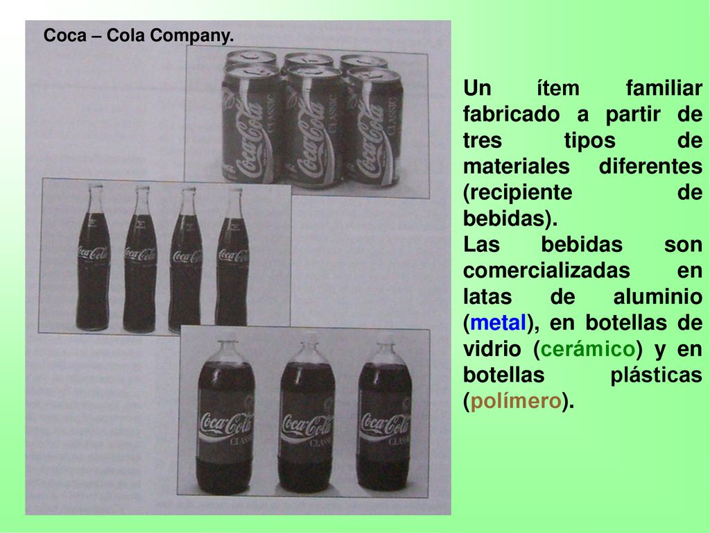 Coca – Cola Company. Un ítem familiar fabricado a partir de tres tipos de materiales diferentes (recipiente de bebidas).