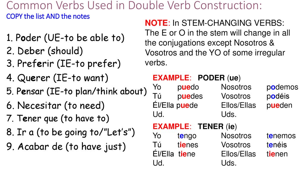 Common Verbs Used in Double Verb Construction: COPY the list AND the notes