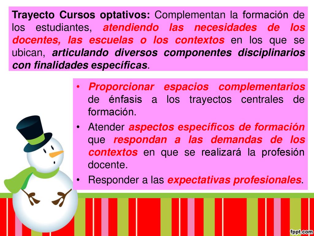 Trayecto Cursos optativos: Complementan la formación de los estudiantes, atendiendo las necesidades de los docentes, las escuelas o los contextos en los que se ubican, articulando diversos componentes disciplinarios con finalidades específicas.