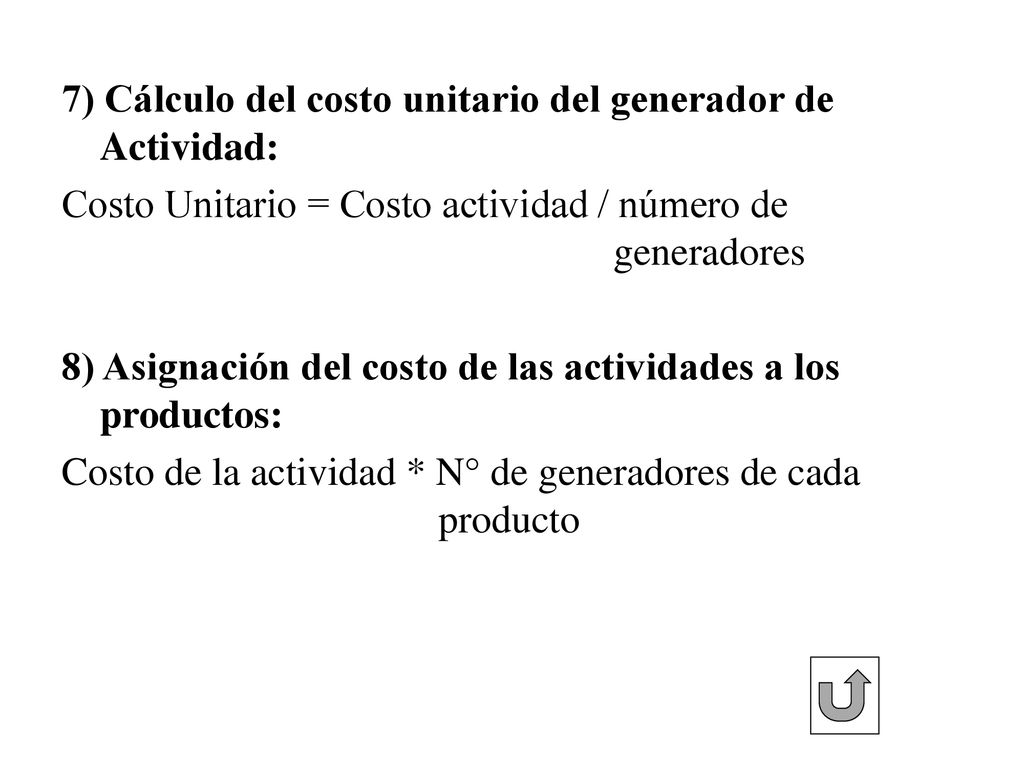 7) Cálculo del costo unitario del generador de Actividad:
