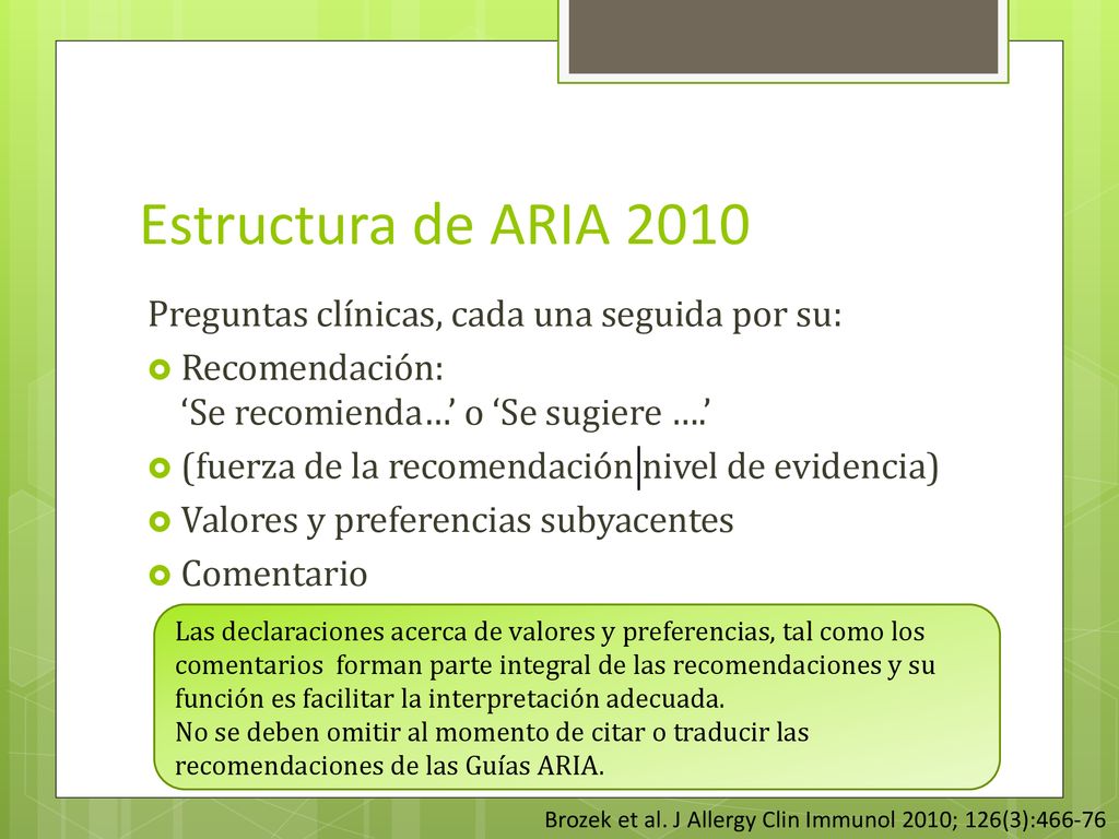 Estructura de ARIA 2010 Preguntas clínicas, cada una seguida por su: