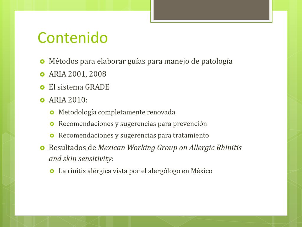 Contenido Métodos para elaborar guías para manejo de patología