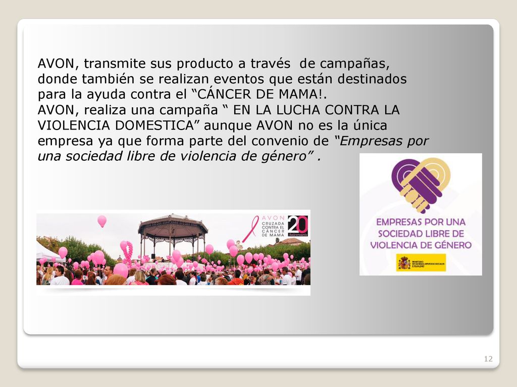 AVON, transmite sus producto a través de campañas, donde también se realizan eventos que están destinados para la ayuda contra el CÁNCER DE MAMA!.