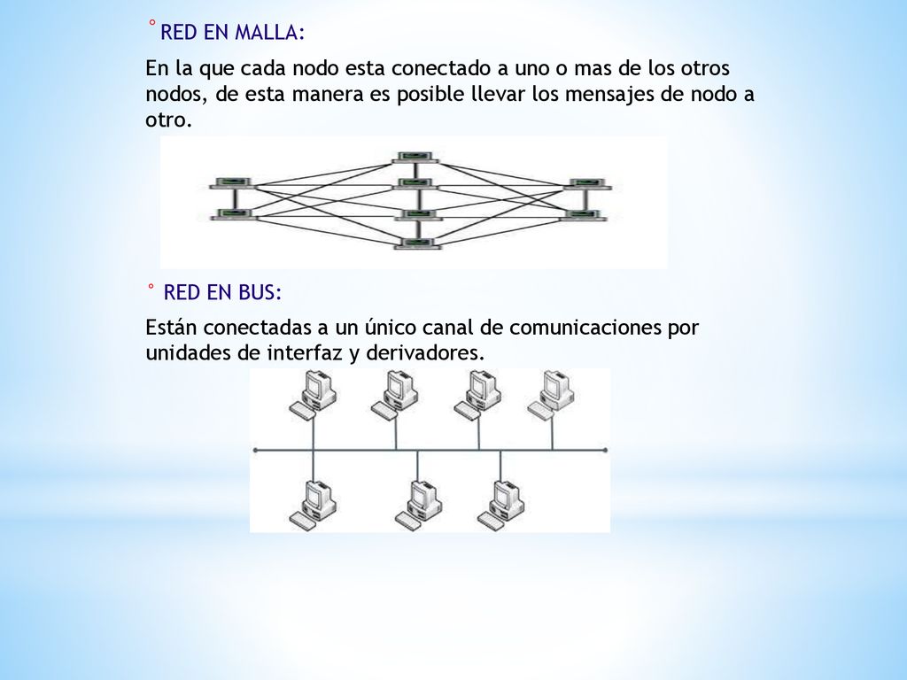 °RED EN MALLA: En la que cada nodo esta conectado a uno o mas de los otros nodos, de esta manera es posible llevar los mensajes de nodo a otro.