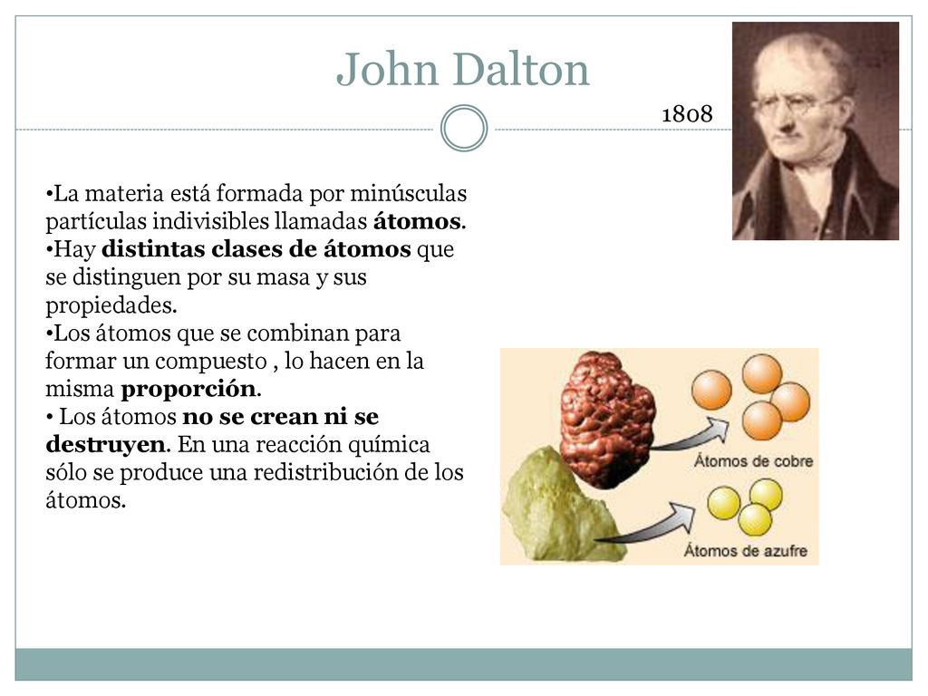 John Dalton La materia está formada por minúsculas partículas indivisibles llamadas átomos.