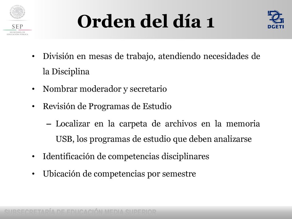Orden del día 1 División en mesas de trabajo, atendiendo necesidades de la Disciplina. Nombrar moderador y secretario.