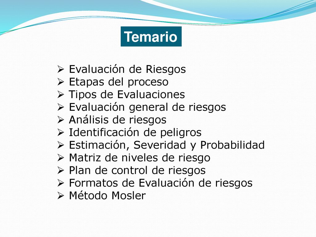 Temario Evaluación de Riesgos Etapas del proceso Tipos de Evaluaciones