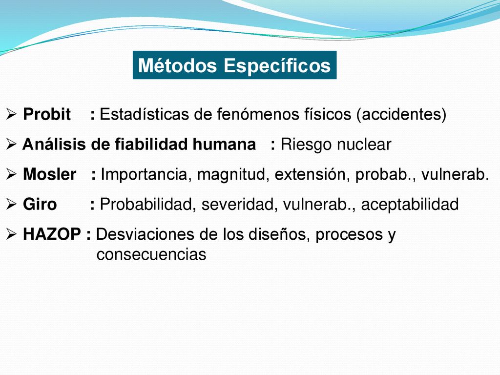 Métodos Específicos Probit : Estadísticas de fenómenos físicos (accidentes) Análisis de fiabilidad humana : Riesgo nuclear.