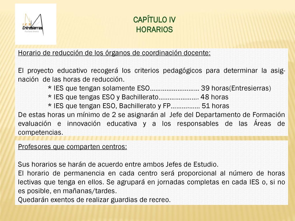 CAPÍTULO IV HORARIOS. Horario de reducción de los órganos de coordinación docente: