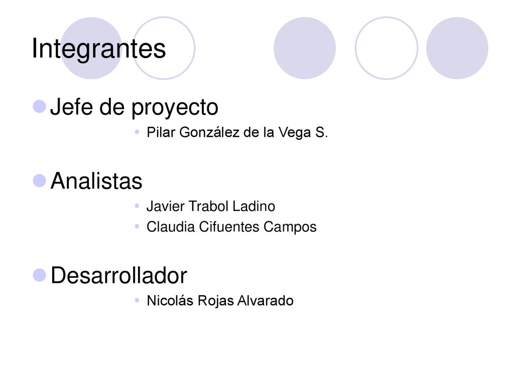 Integrantes Jefe de proyecto Analistas Desarrollador
