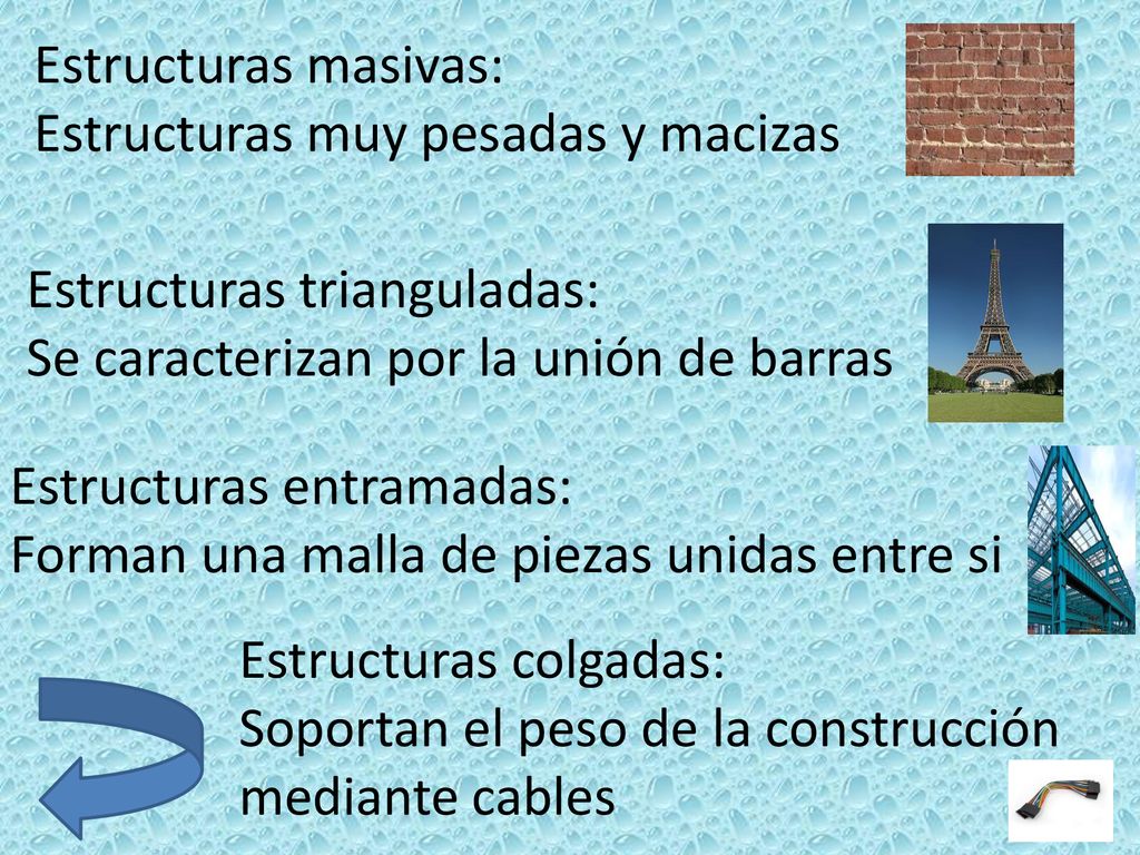 Estructuras masivas: Estructuras muy pesadas y macizas. Estructuras trianguladas: Se caracterizan por la unión de barras.