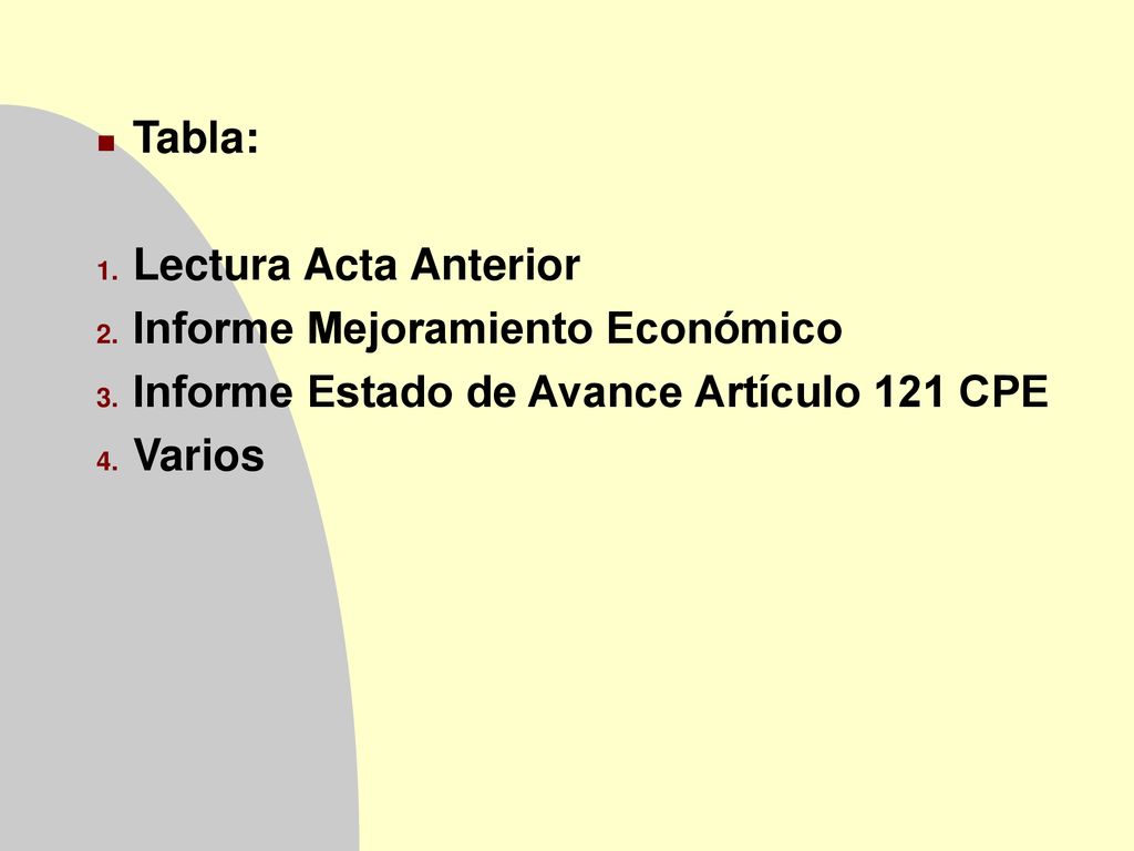 Tabla: Lectura Acta Anterior. Informe Mejoramiento Económico. Informe Estado de Avance Artículo 121 CPE.