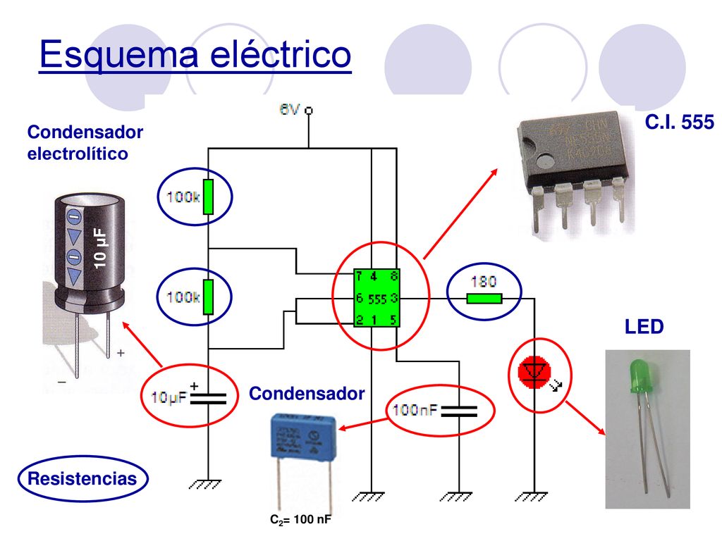 Esquema eléctrico C.I. 555 LED Condensador electrolítico Condensador