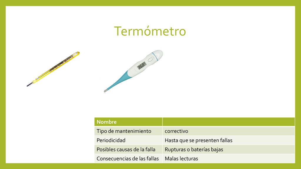 Termómetro Nombre Tipo de mantenimiento correctivo Periodicidad
