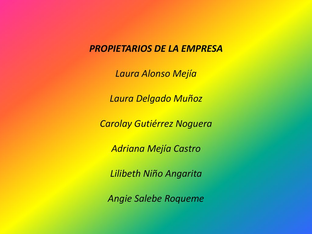 PROPIETARIOS DE LA EMPRESA Laura Alonso Mejía Laura Delgado Muñoz Carolay Gutiérrez Noguera Adriana Mejía Castro Lilibeth Niño Angarita Angie Salebe Roqueme