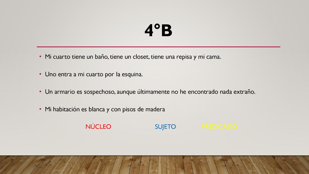4°B Mi cuarto tiene un baño, tiene un closet, tiene una repisa y mi cama. Uno entra a mi cuarto por la esquina.
