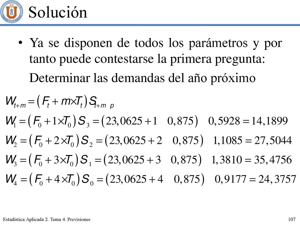 Solución Ya se disponen de todos los parámetros y por tanto puede contestarse la primera pregunta: Determinar las demandas del año próximo.
