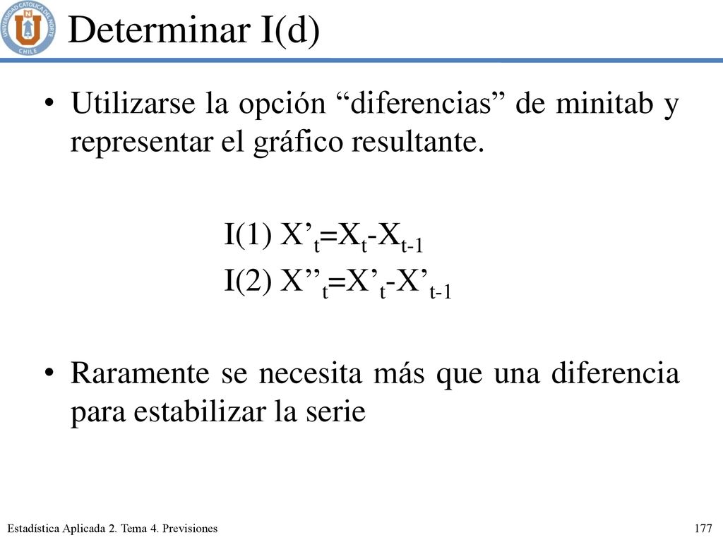 Determinar I(d) Utilizarse la opción diferencias de minitab y representar el gráfico resultante. I(1) X’t=Xt-Xt-1.