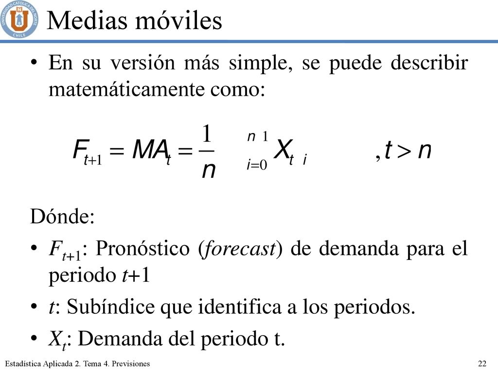 Medias móviles En su versión más simple, se puede describir matemáticamente como: Dónde: Ft+1: Pronóstico (forecast) de demanda para el periodo t+1.