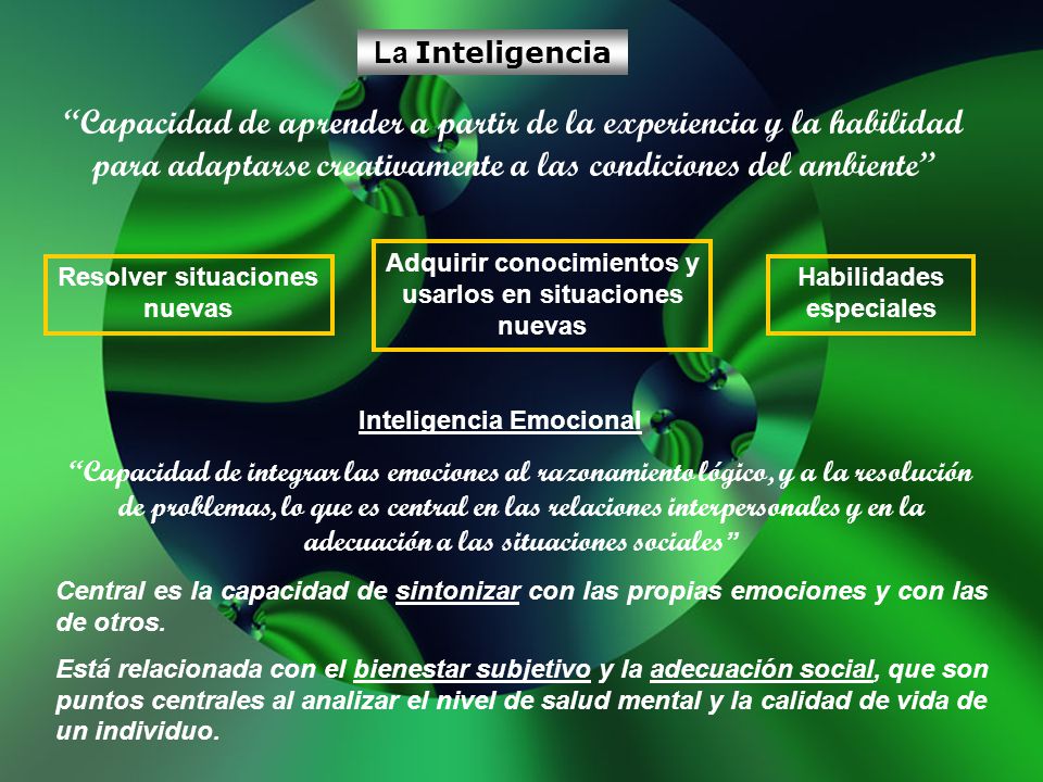 La Inteligencia Capacidad de aprender a partir de la experiencia y la habilidad para adaptarse creativamente a las condiciones del ambiente