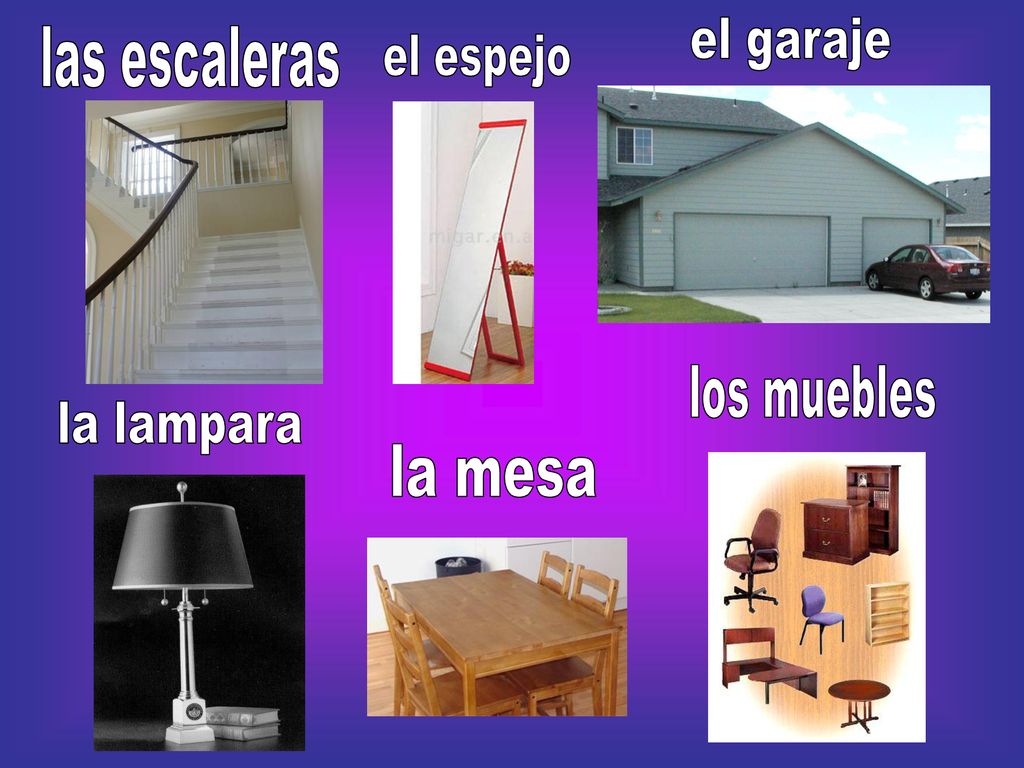 el garaje las escaleras el espejo los muebles la lampara la mesa