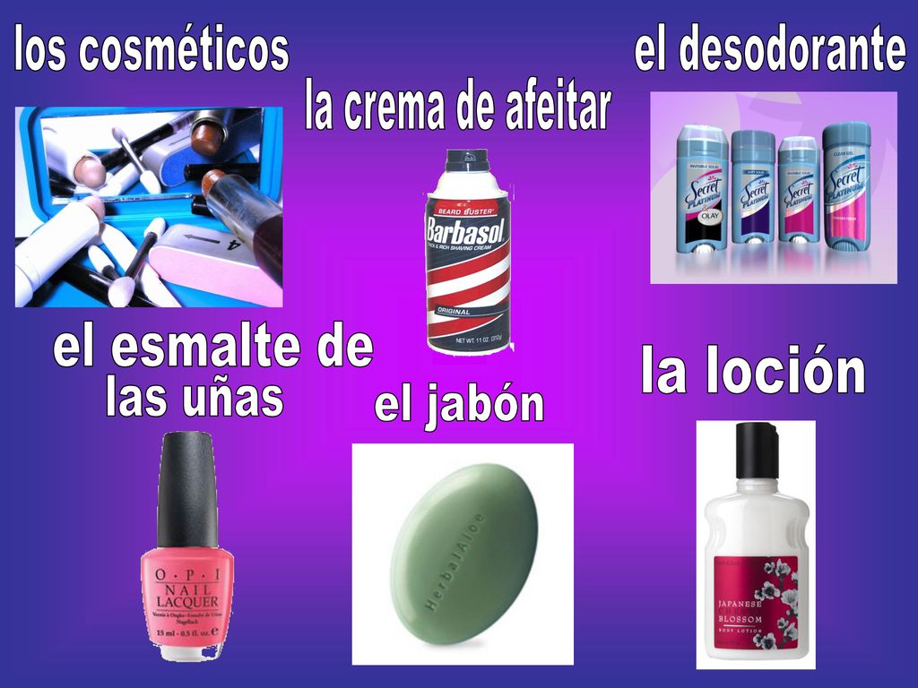 los cosméticos el desodorante la crema de afeitar el esmalte de la loción las uñas el jabón
