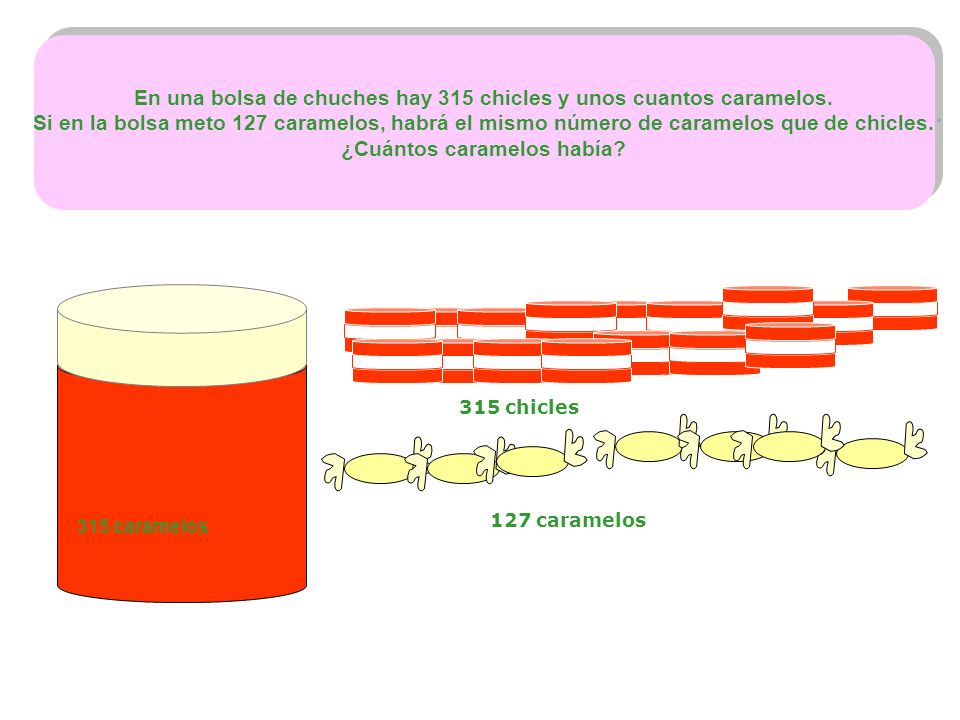 En una bolsa de chuches hay 315 chicles y unos cuantos caramelos.