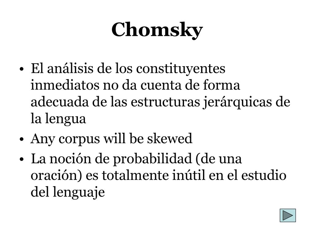 Chomsky El análisis de los constituyentes inmediatos no da cuenta de forma adecuada de las estructuras jerárquicas de la lengua.