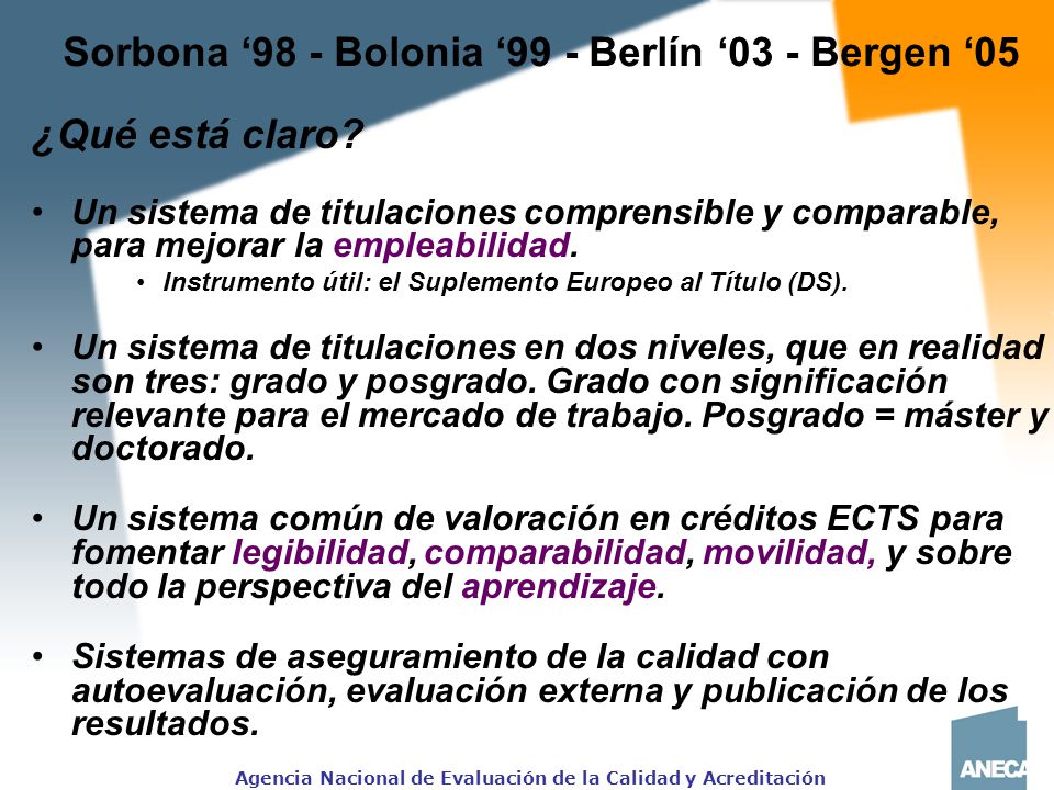 Sorbona ‘98 - Bolonia ‘99 - Berlín ‘03 - Bergen ‘05