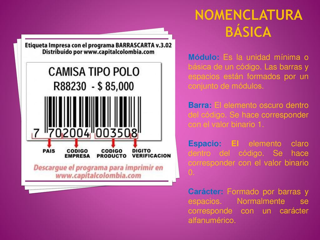 Nomenclatura básica Módulo: Es la unidad mínima o básica de un código. Las barras y espacios están formados por un conjunto de módulos.