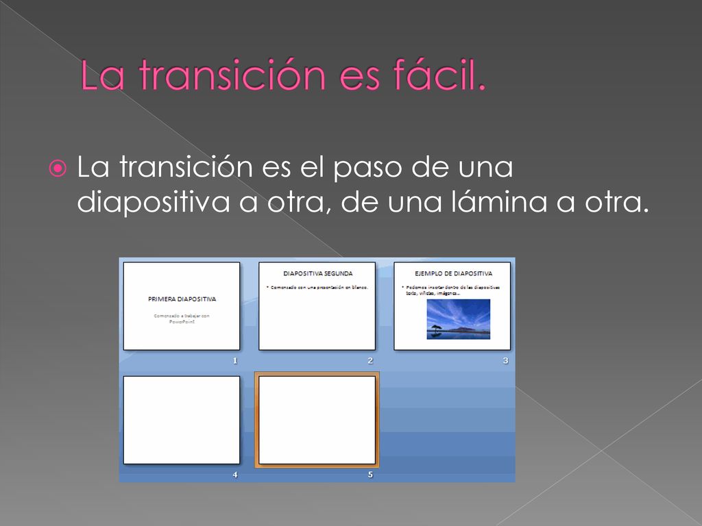 La transición es fácil. La transición es el paso de una diapositiva a otra, de una lámina a otra.