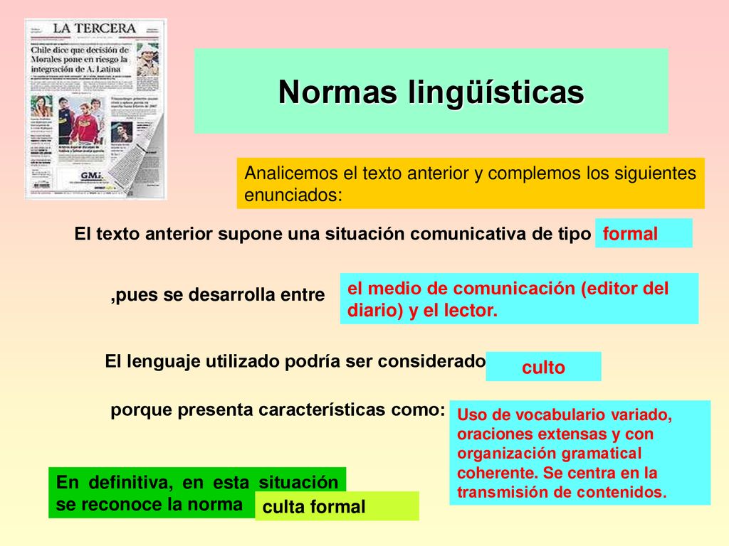 Normas lingüísticas Analicemos el texto anterior y complemos los siguientes enunciados: El texto anterior supone una situación comunicativa de tipo.
