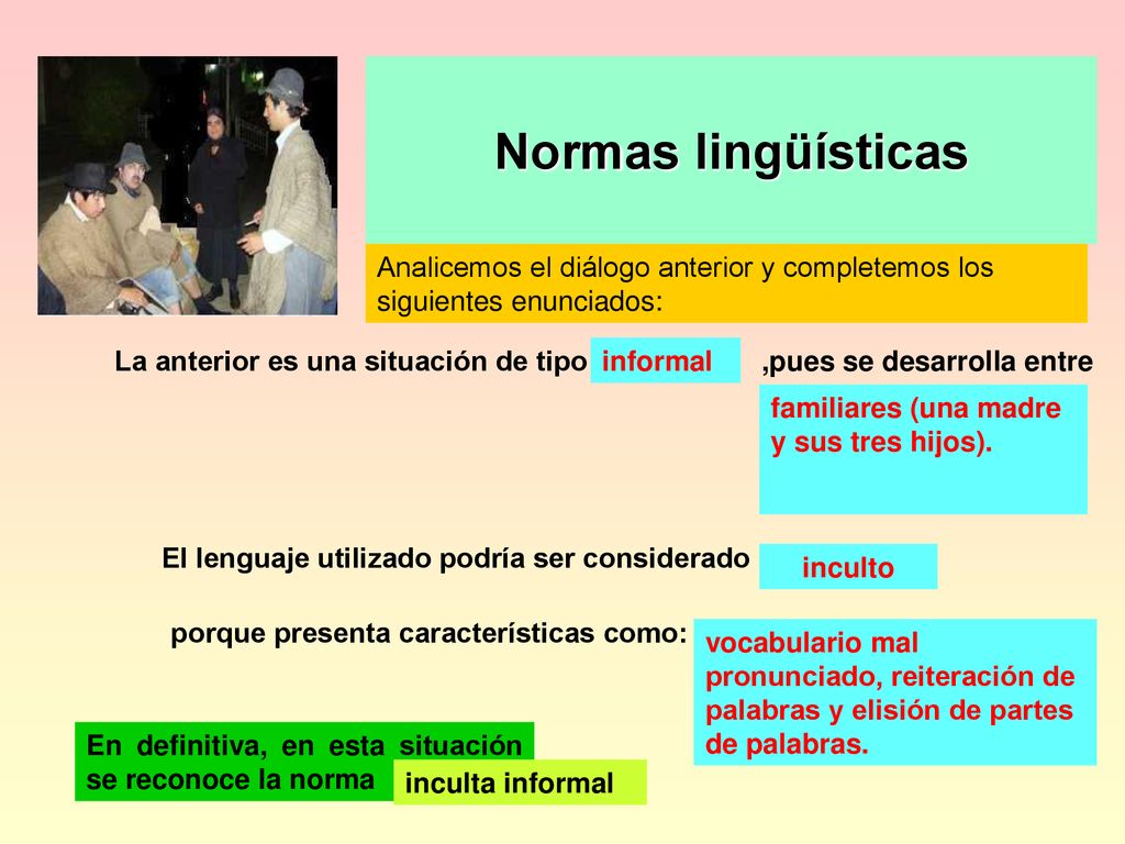 Normas lingüísticas Analicemos el diálogo anterior y completemos los siguientes enunciados: La anterior es una situación de tipo.