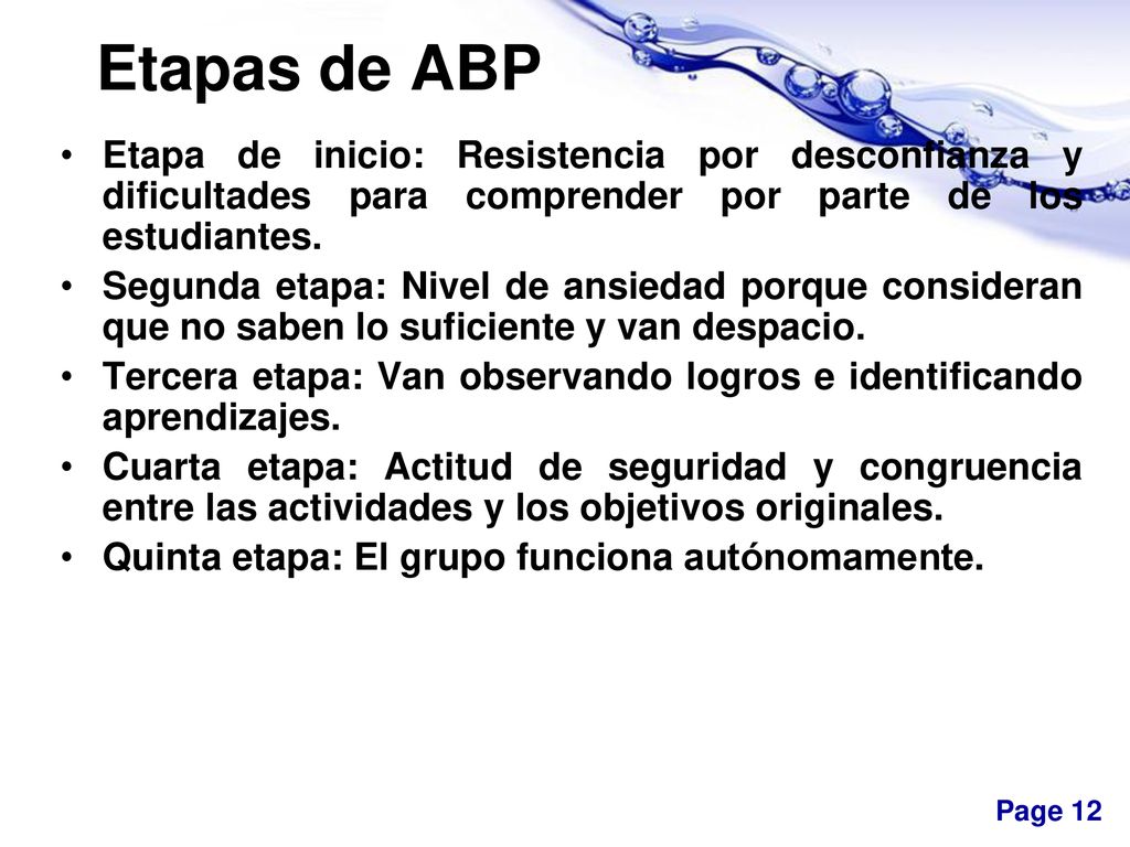 Etapas de ABP Etapa de inicio: Resistencia por desconfianza y dificultades para comprender por parte de los estudiantes.