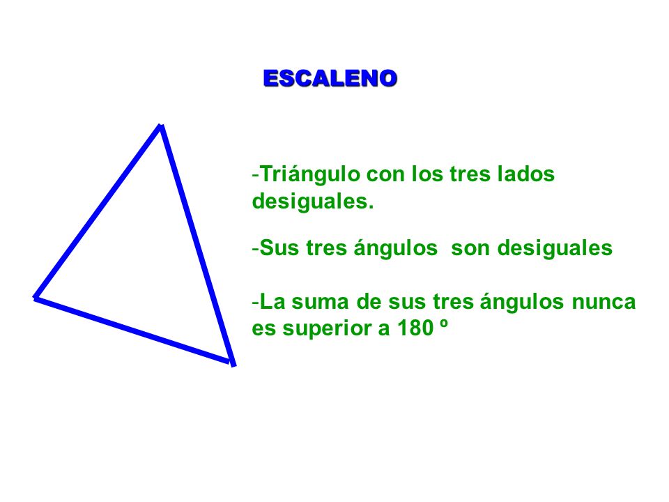 ESCALENO Triángulo con los tres lados desiguales. Sus tres ángulos son desiguales.