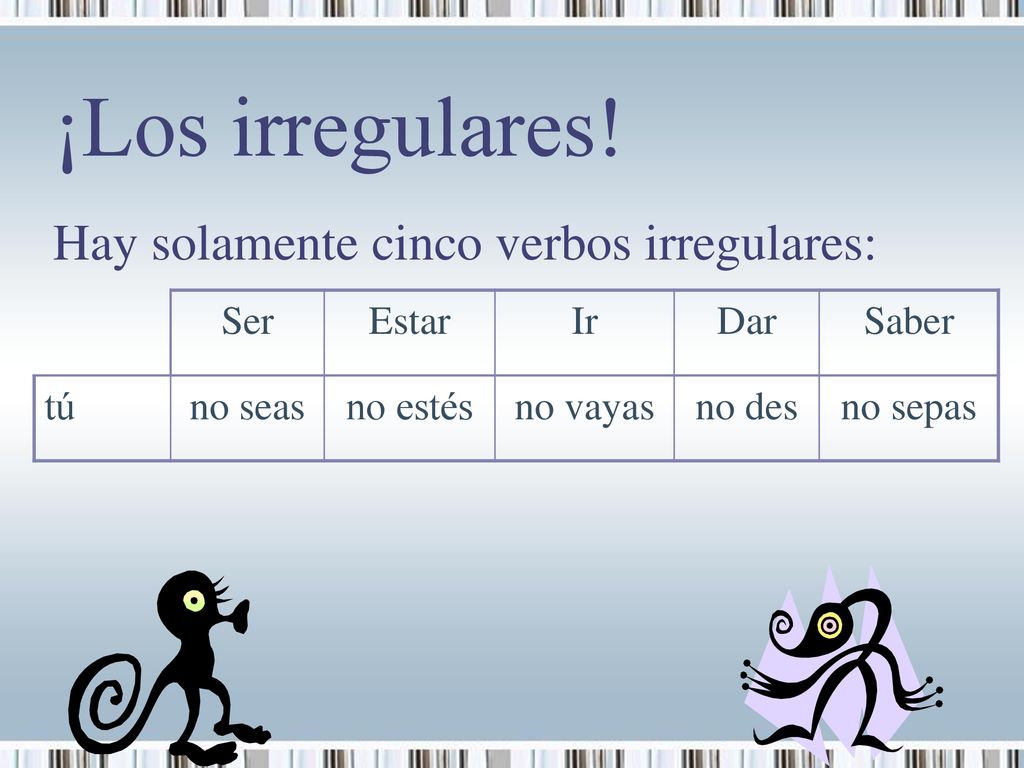 ¡Los irregulares! Hay solamente cinco verbos irregulares: Ser Estar Ir