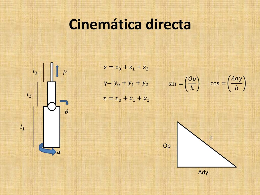 Cinemática directa 𝑧= 𝑧 0 + 𝑧 1 + 𝑧 2 y= 𝑦 0 + 𝑦 1 + 𝑦 2