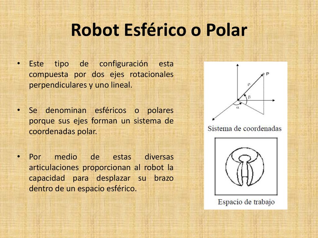 Robot Esférico o Polar Este tipo de configuración esta compuesta por dos ejes rotacionales perpendiculares y uno lineal.