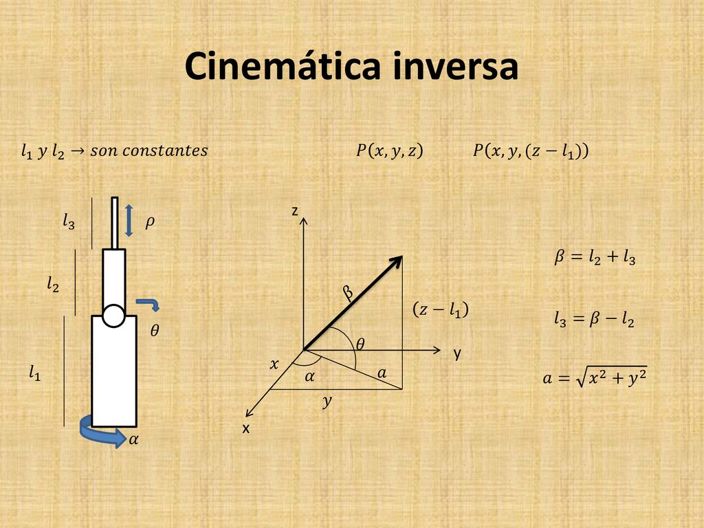 Cinemática inversa 𝑙 1 𝑦 𝑙 2 →𝑠𝑜𝑛 𝑐𝑜𝑛𝑠𝑡𝑎𝑛𝑡𝑒𝑠 𝑃 𝑥,𝑦,𝑧 𝑃 𝑥,𝑦,(𝑧− 𝑙 1 ) z